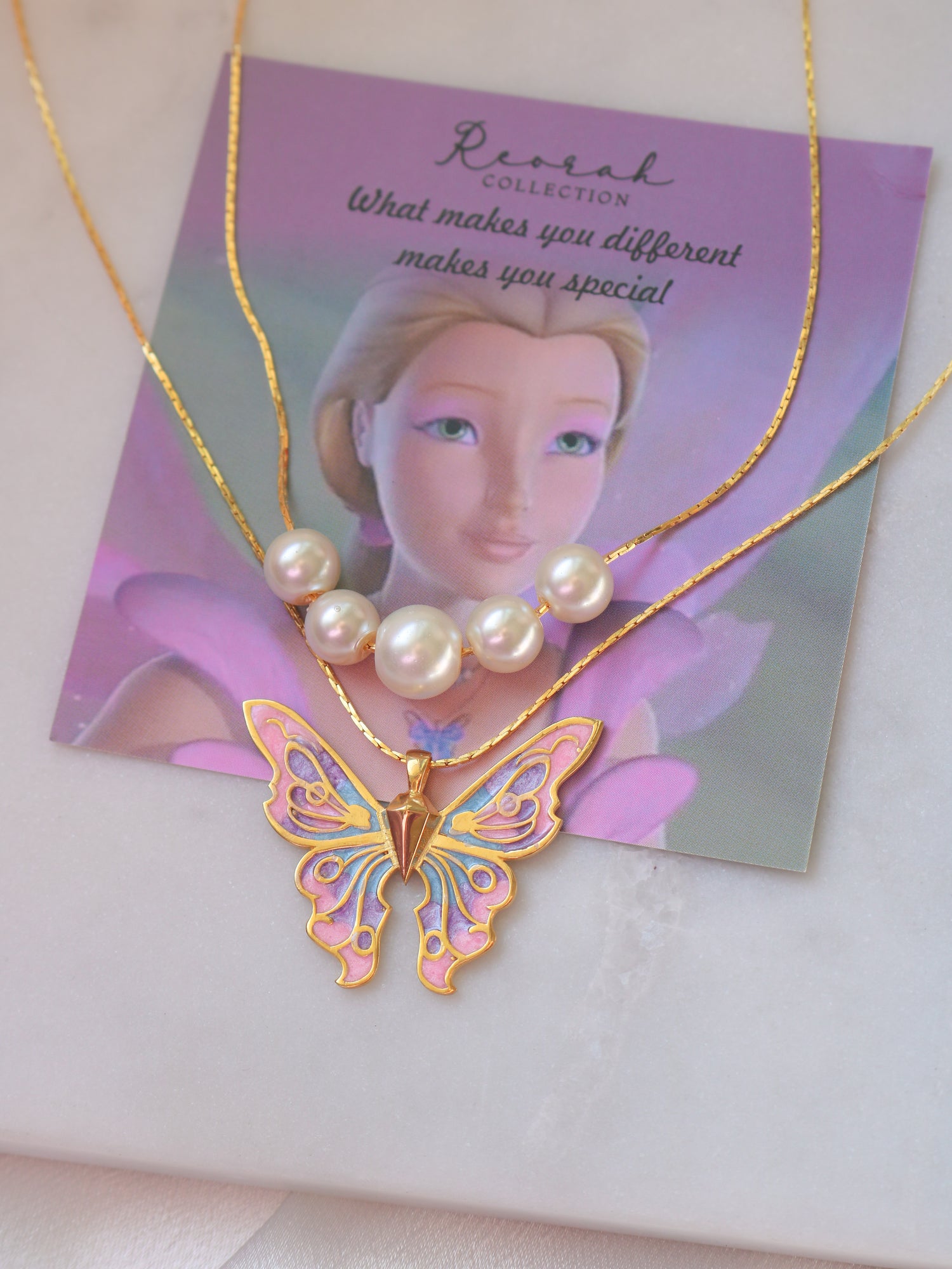 Fairy Elina Butterfly and Mermaid Pearl Necklace Set