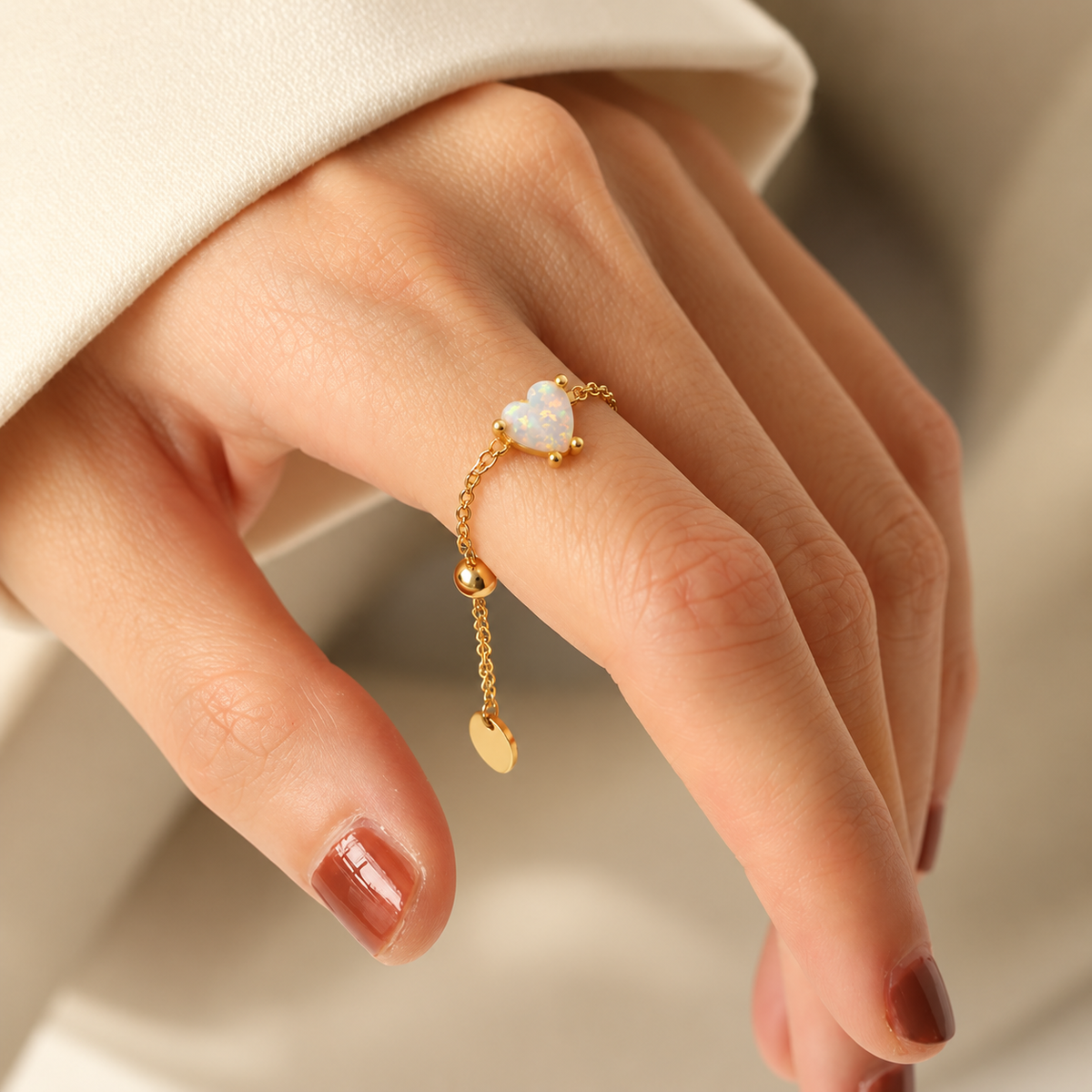 Heart Chain Ring Opal 925 Sterling Silver