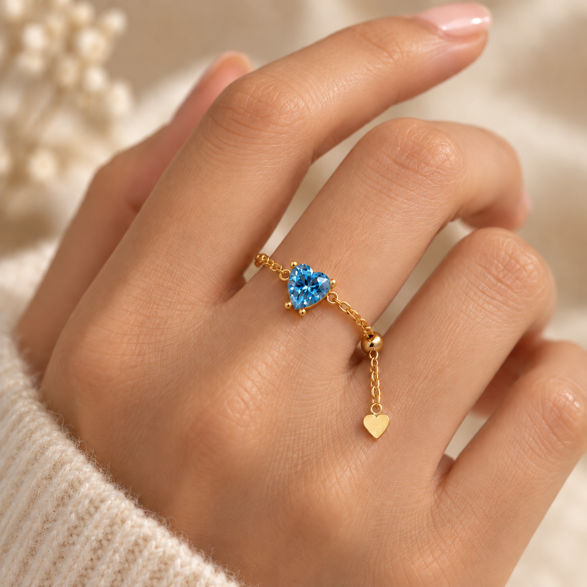 Heart Chain Ring Blue 925 Sterling Silver