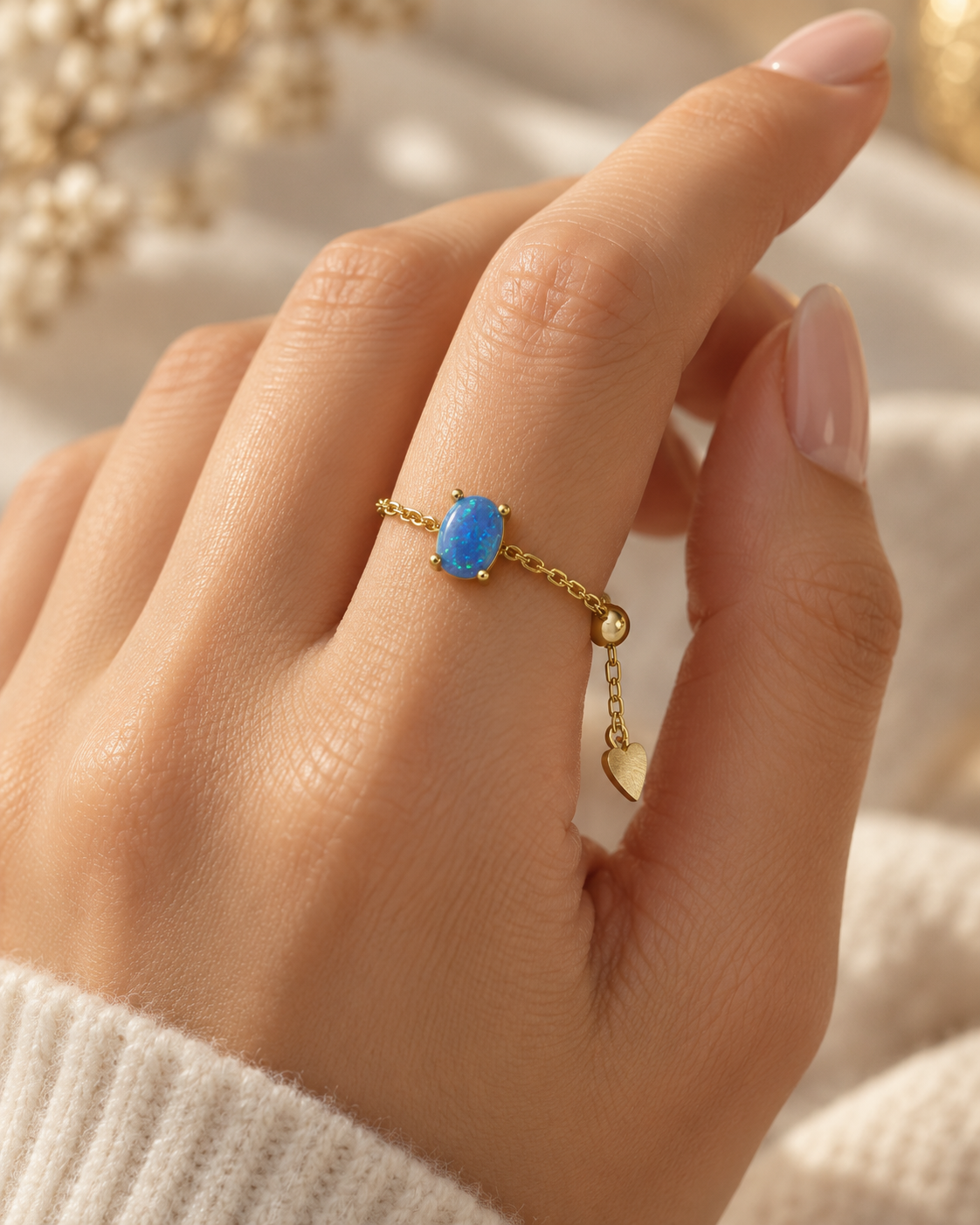Oval Chain Ring Blue Opal 925 Sterling Silver