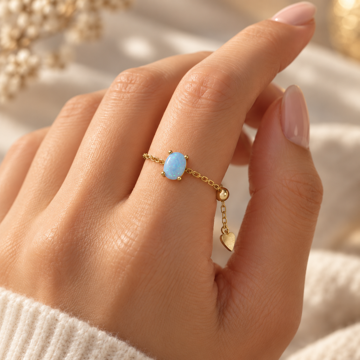Oval Chain Ring Blue Opal 925 Sterling Silver