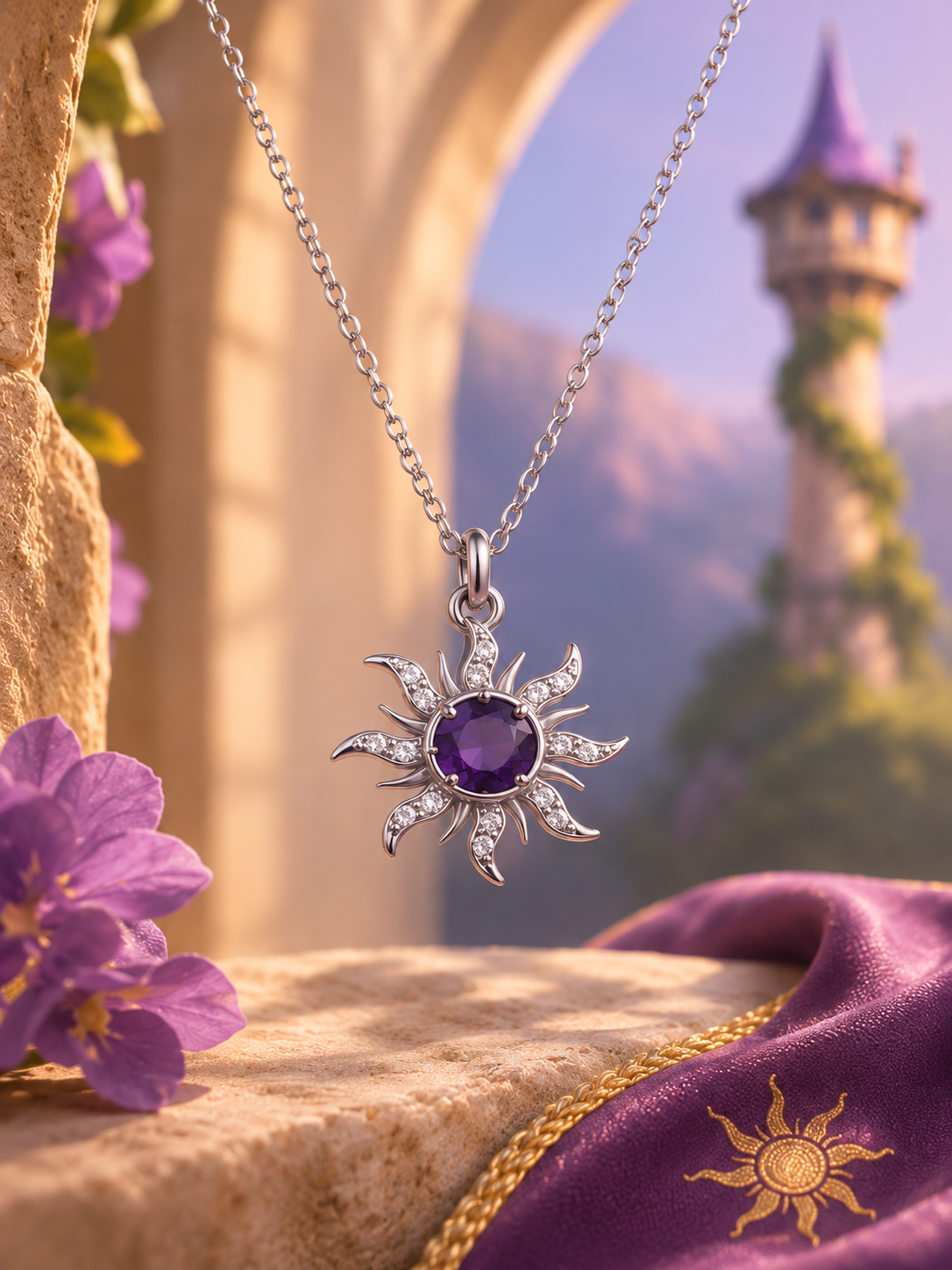 Rapunzel Minimal Purple Sun Necklace, Princess Jewelry