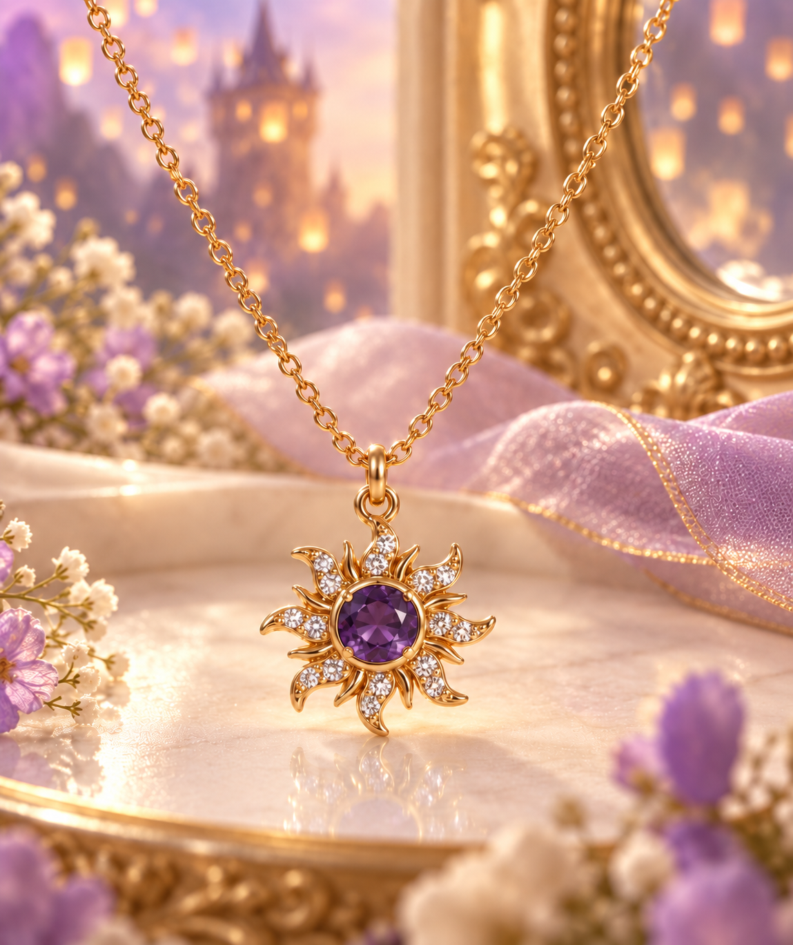 Rapunzel Minimal Purple Sun Necklace, Princess Jewelry