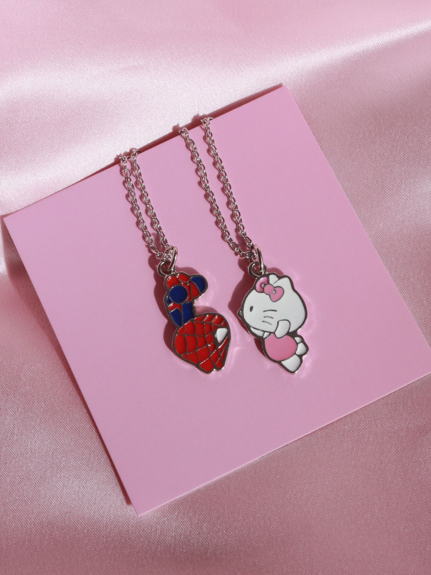 Kitty and Spider 2pcs Enamel Necklace, Cartoon Jewelry