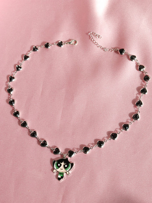 Powerpuff Buttercup With Hearts Necklace, Cute BFF Necklace