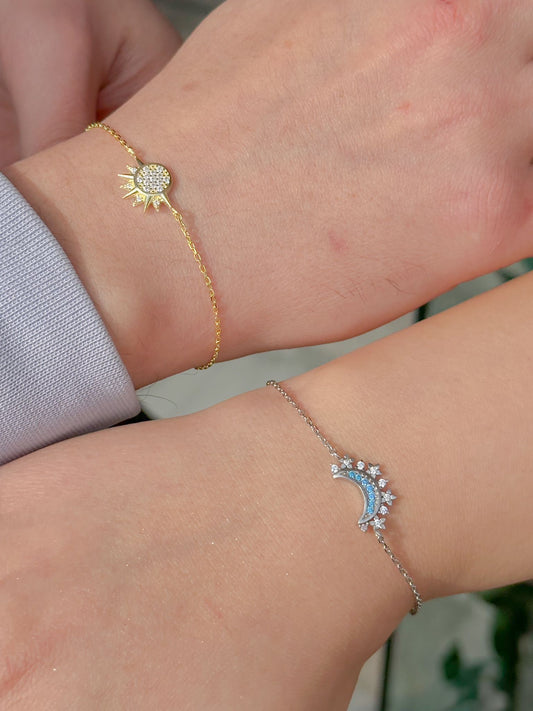 Celestial Moon and Sun 2pcs Bracelets, Couple Bracelets, 925 Silver