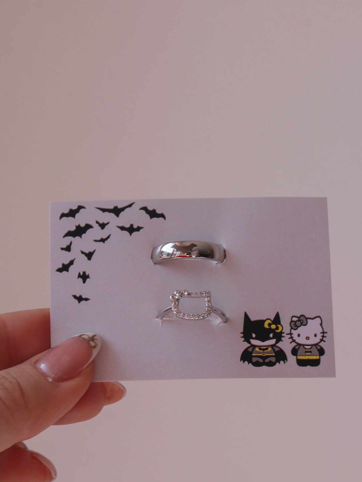 Hello Kitten and Bat Man Couple Rings, Cute Ring Set