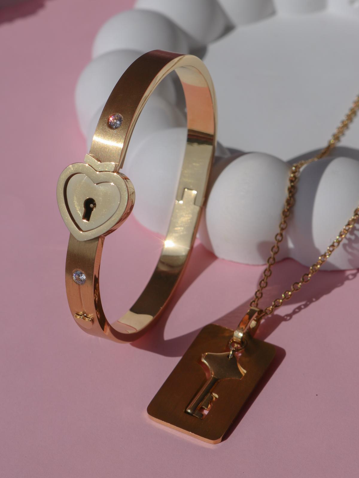 Lock Bracelet & Key Necklace Set For Couples - Stainless Steel Heart Bangle, 7.5 Inch Wrist