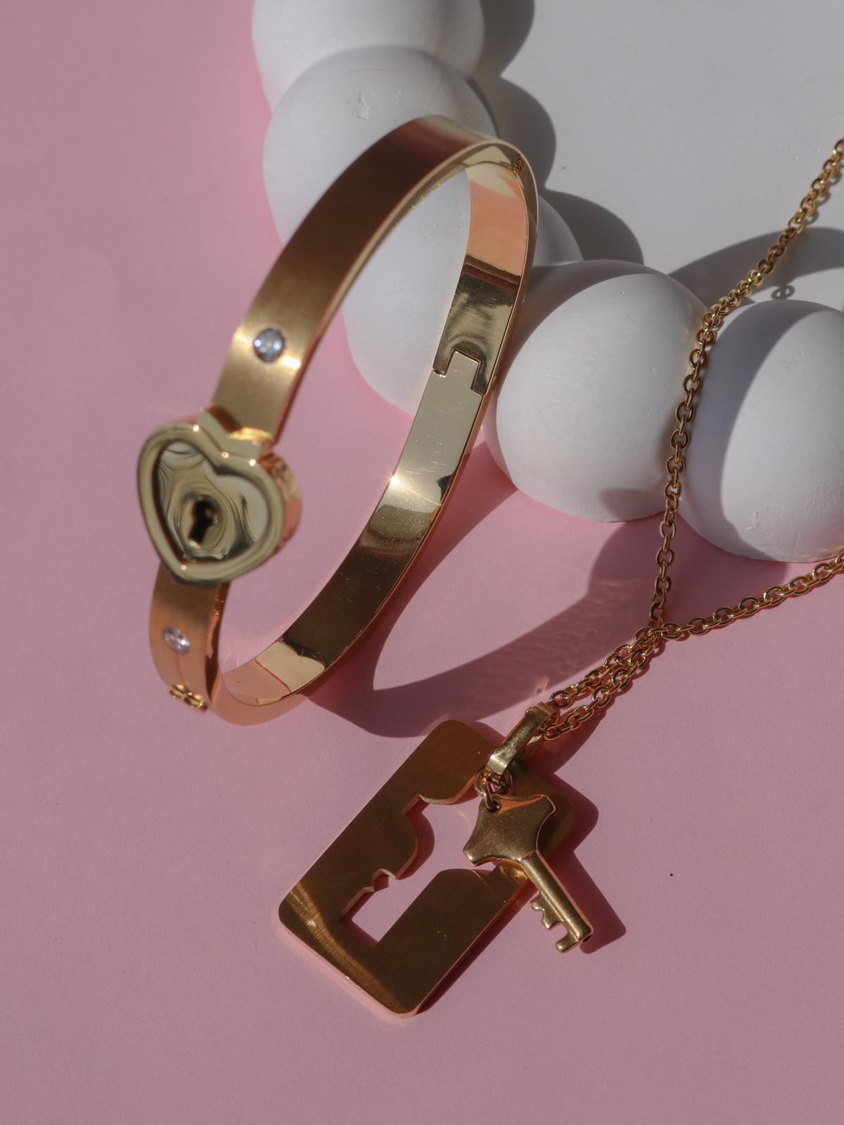 Locked Heart Cuff Bracelet and Key Necklace Set Couple Set Reorah