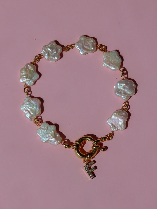 Flower Water Pearl with Initial Bracelet