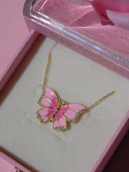 Pretty Pink Butterfly Necklace, 925 Sterling Silver