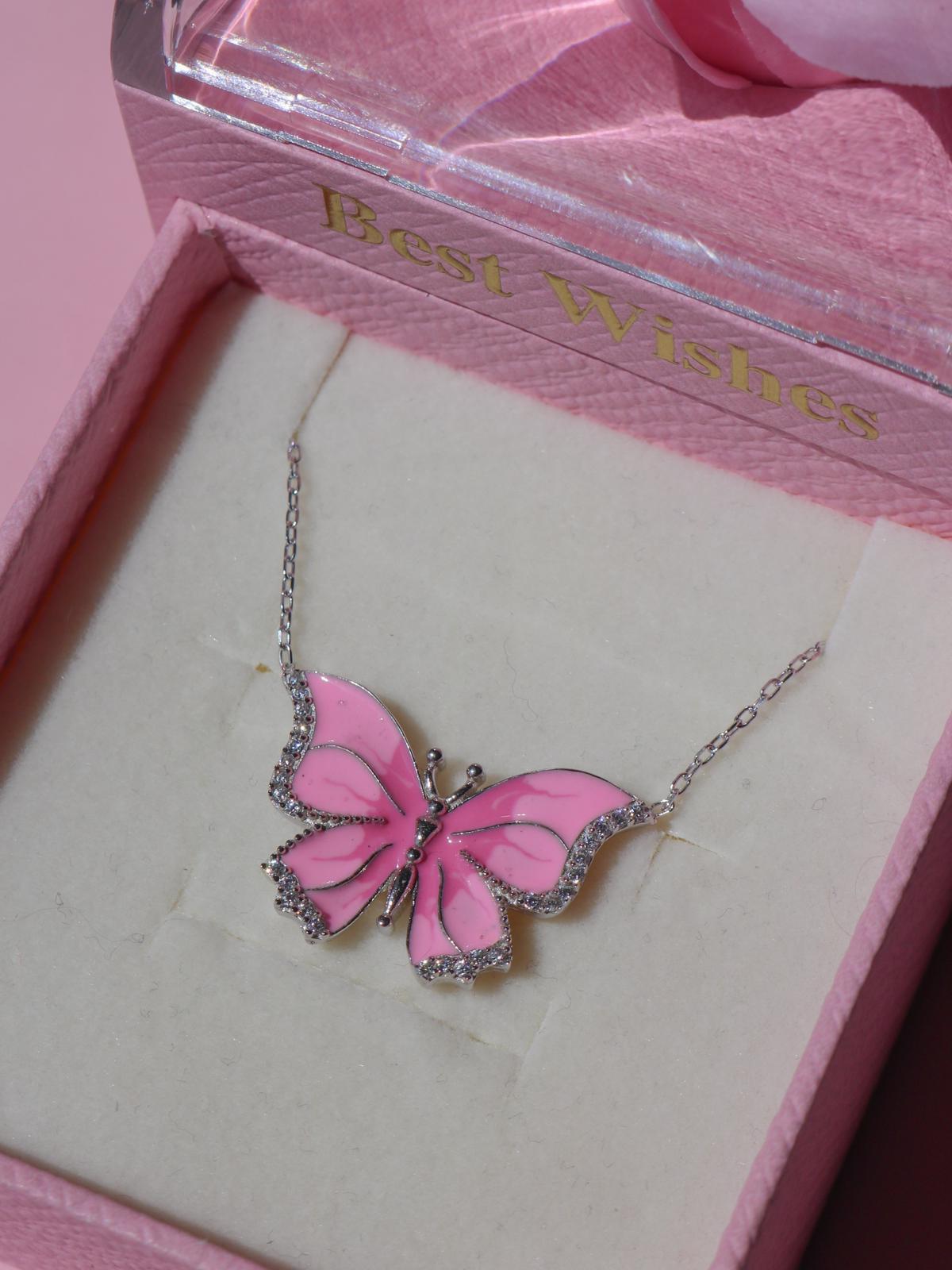 Pretty Pink Butterfly Necklace, 925 Sterling Silver