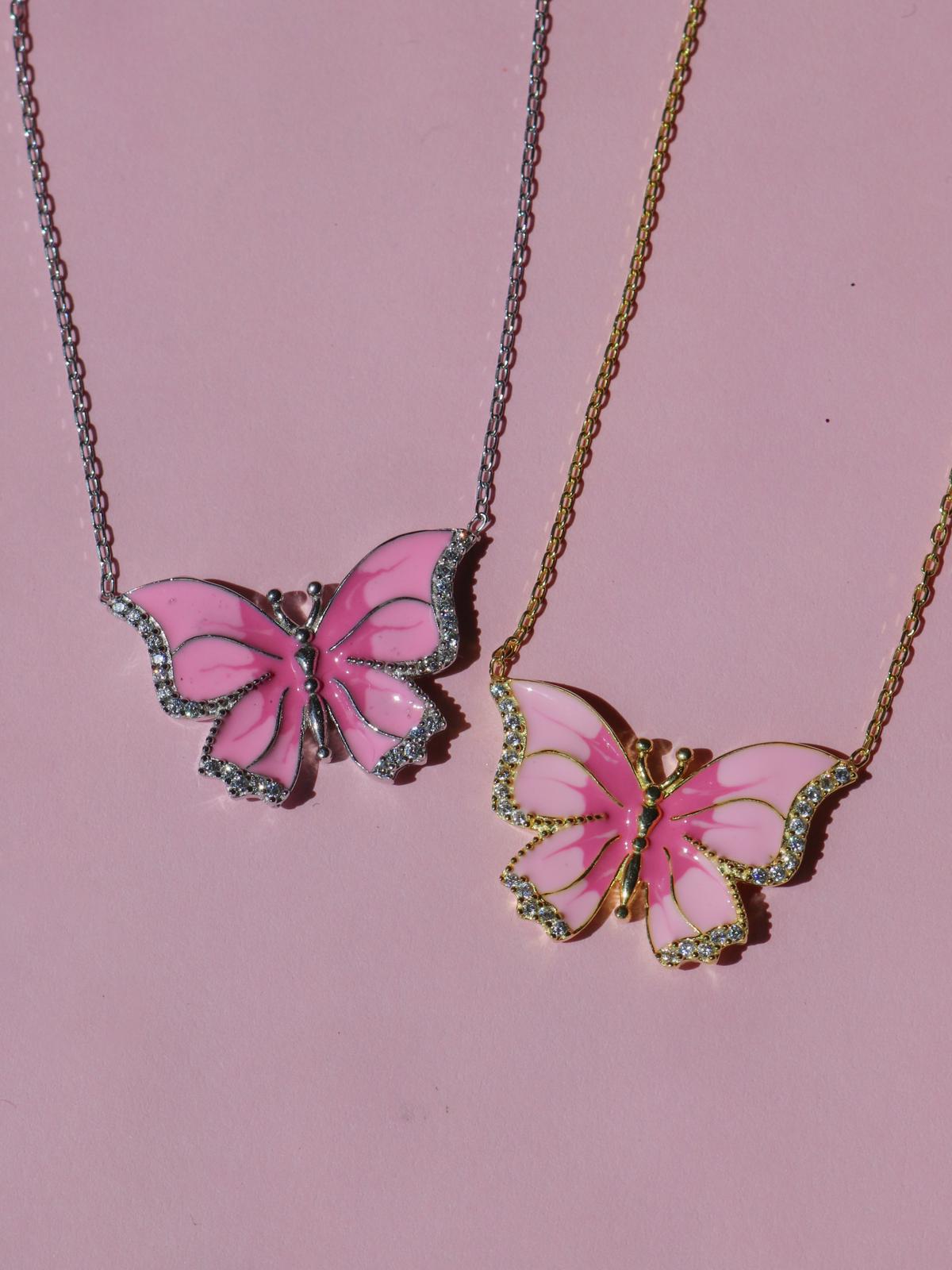 Pretty Pink Butterfly Necklace, 925 Sterling Silver