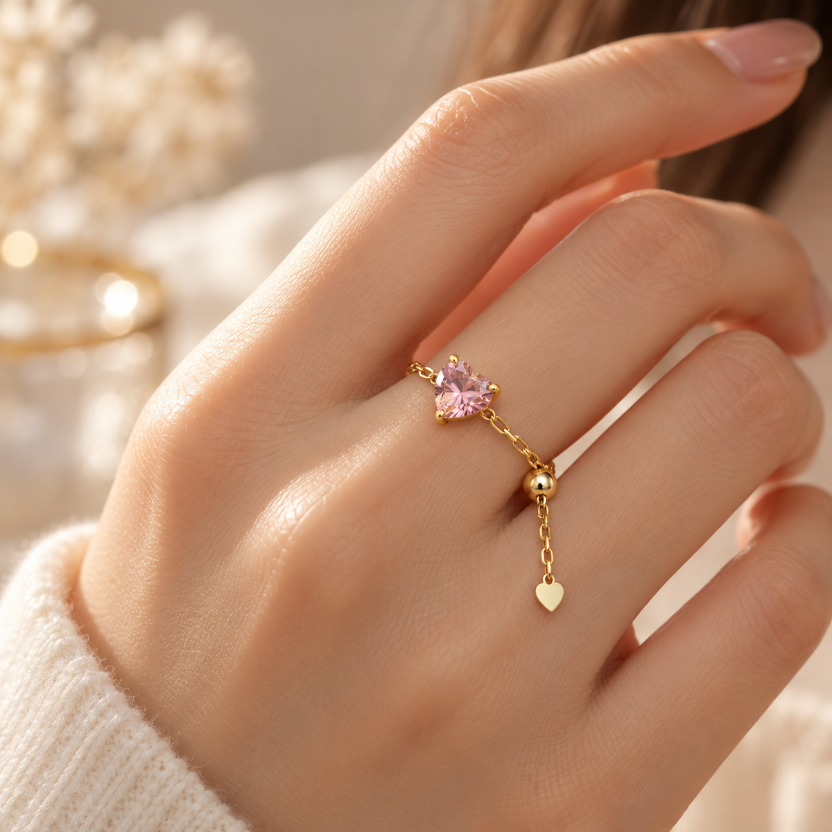 Heart Chain Ring Pink 925 Sterling Silver