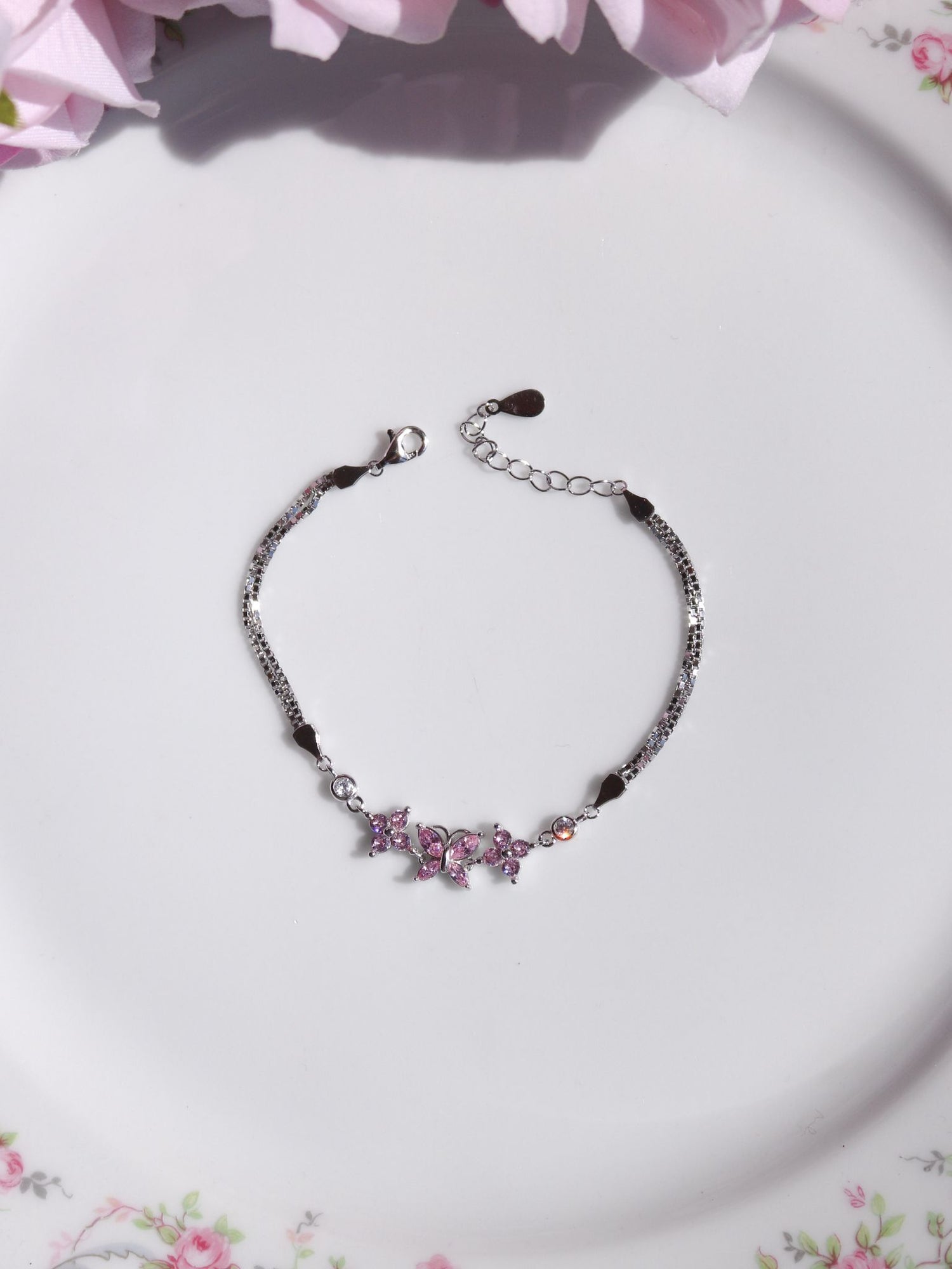 Petite Floral Butterfly 925 Sterling Silver Bracelet