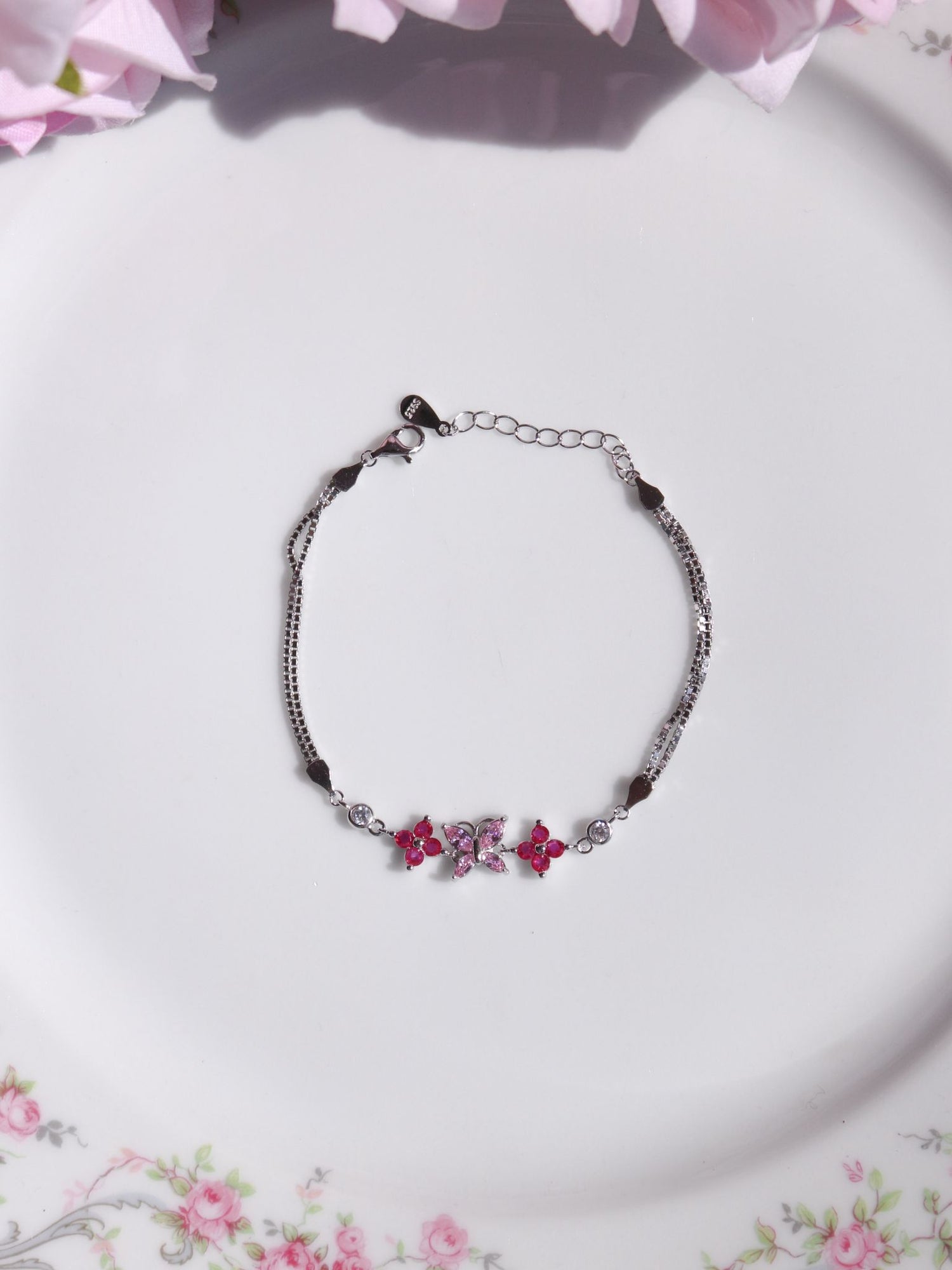 Petite Floral Butterfly 925 Sterling Silver Bracelet