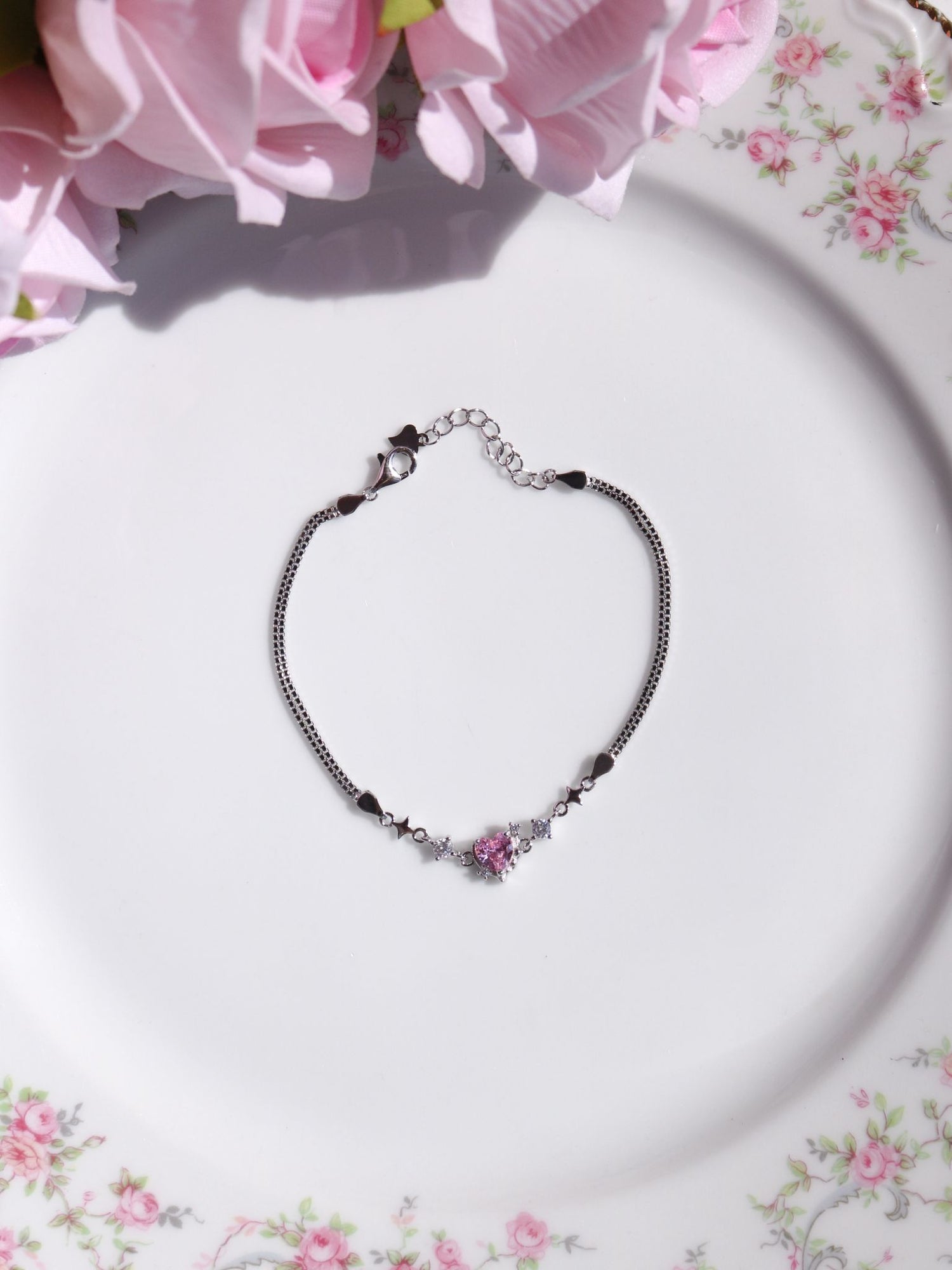 Rose Crystal Heart 925 Sterling Silver Bracelet