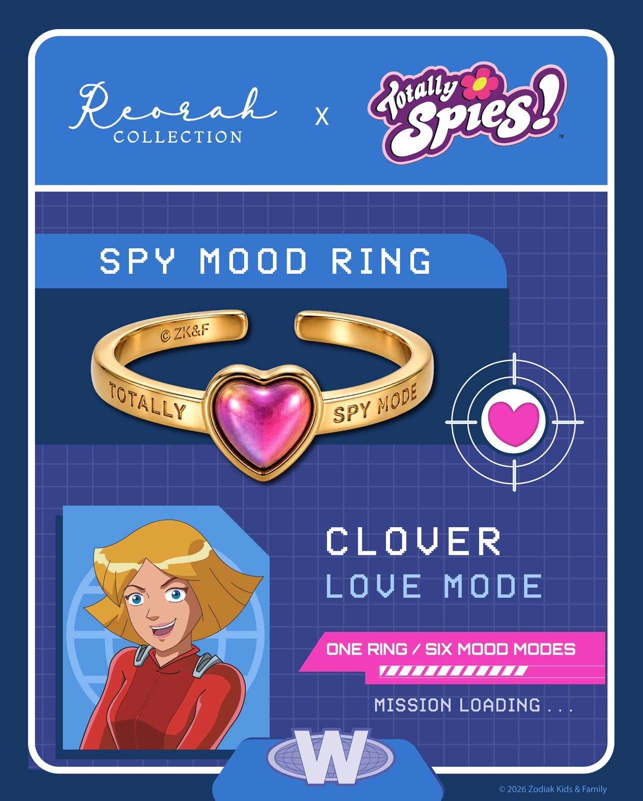 A promotional graphic for a Reveal Collection x Totally Spies! Spy Mood Ring. The card shows a gold-tone open ring with a pink heart-shaped mood stone in the center, plus branding, character art, and text including 'Clover Love Mode' and 'Mission Loading.