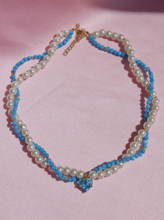 Blue Pearl Heart Design Necklace