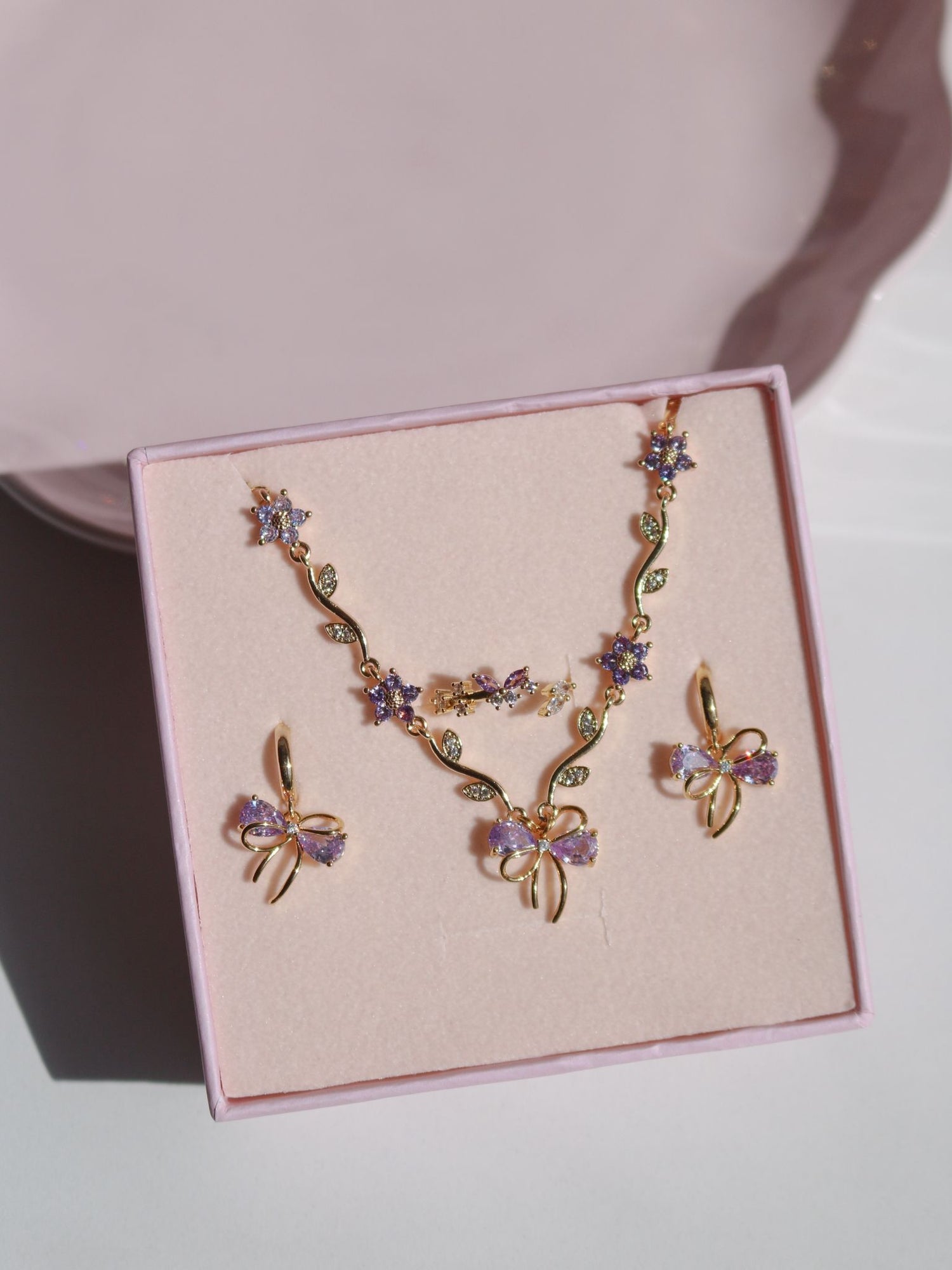 Lilac Ribbon Garden Bracelet, Earrings, Ring Set