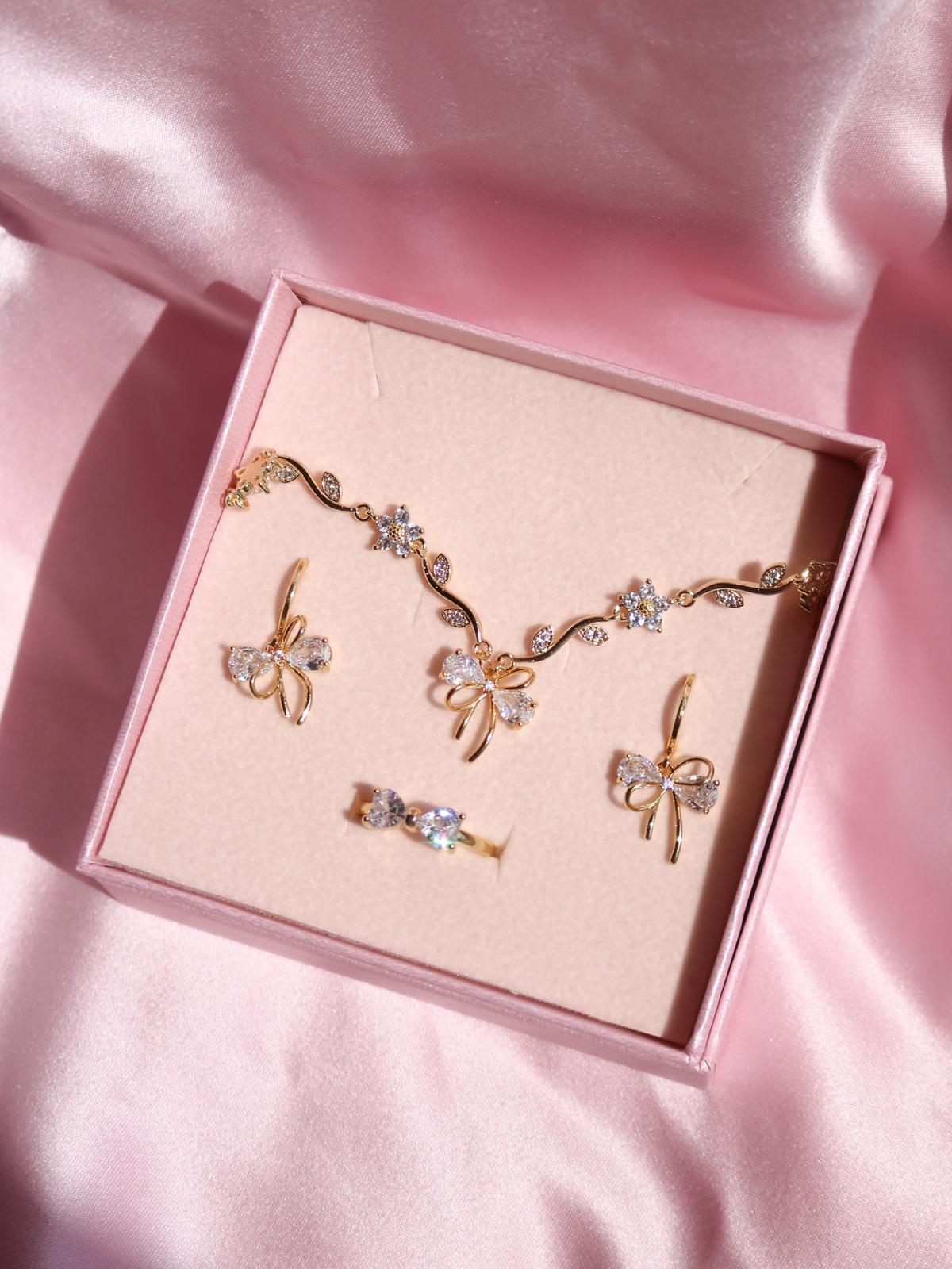 White Ribbon Garden Bracelet, Earrings, Ring Set