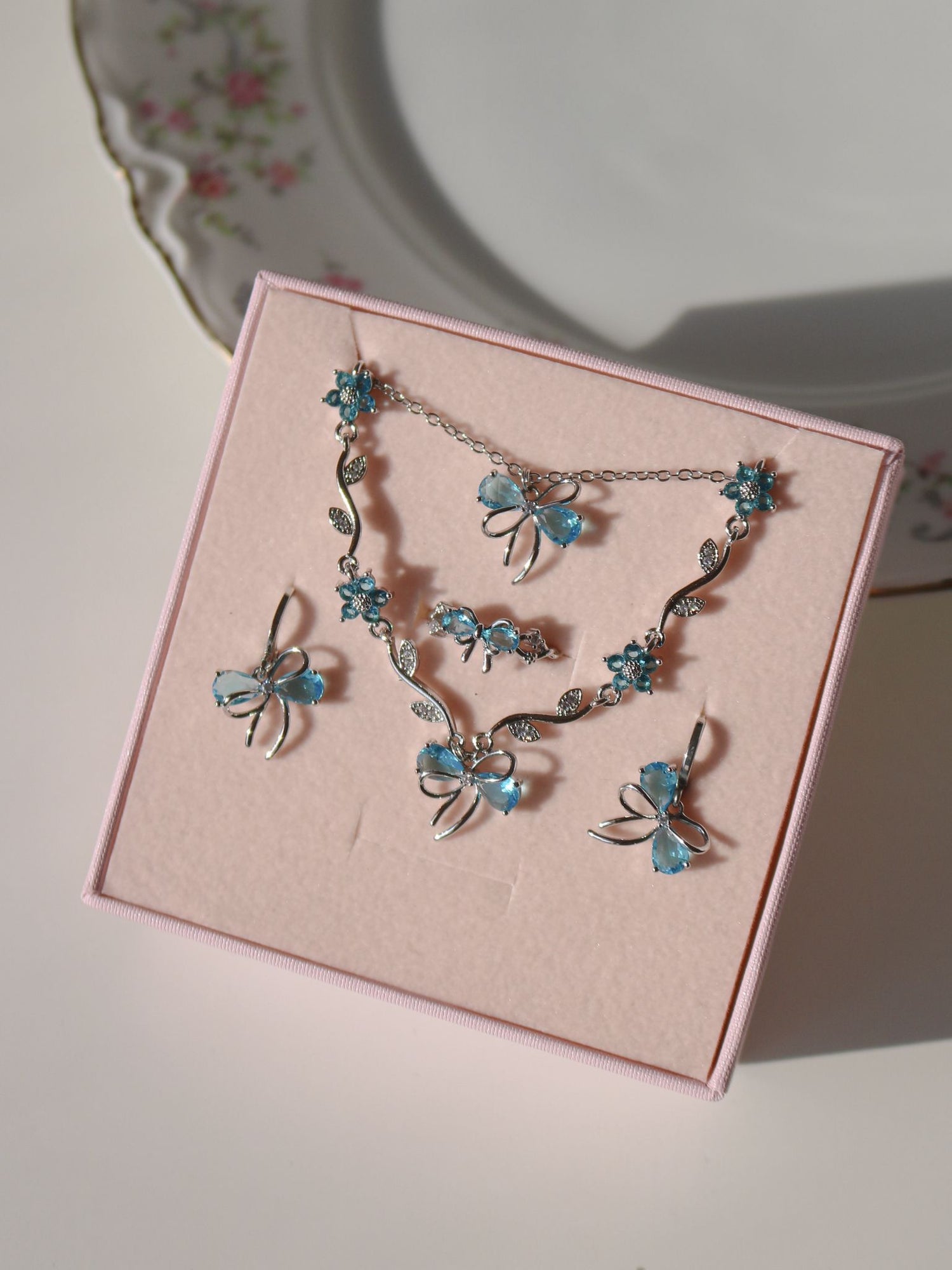 Blue Ribbon Garden Bracelet, Earrings, Ring and Necklace Set