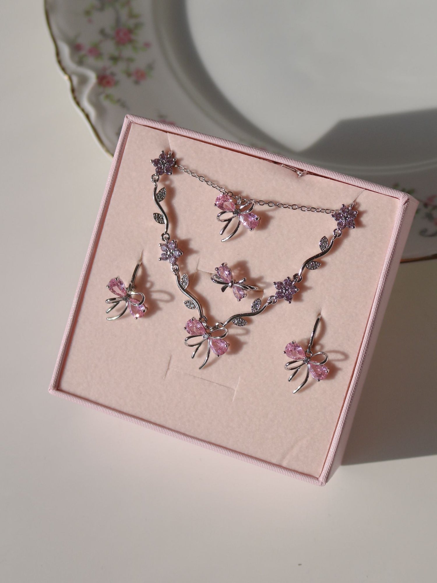 Pink Ribbon Garden Bracelet, Earrings, Ring and Necklace Set