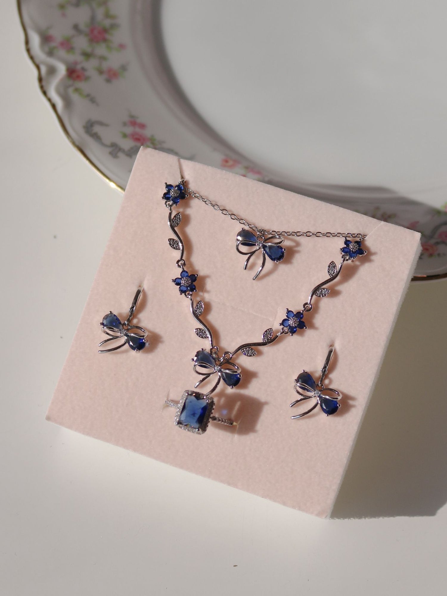 Navy Blue Ribbon Garden Bracelet, Earrings, Ring and Necklace Set