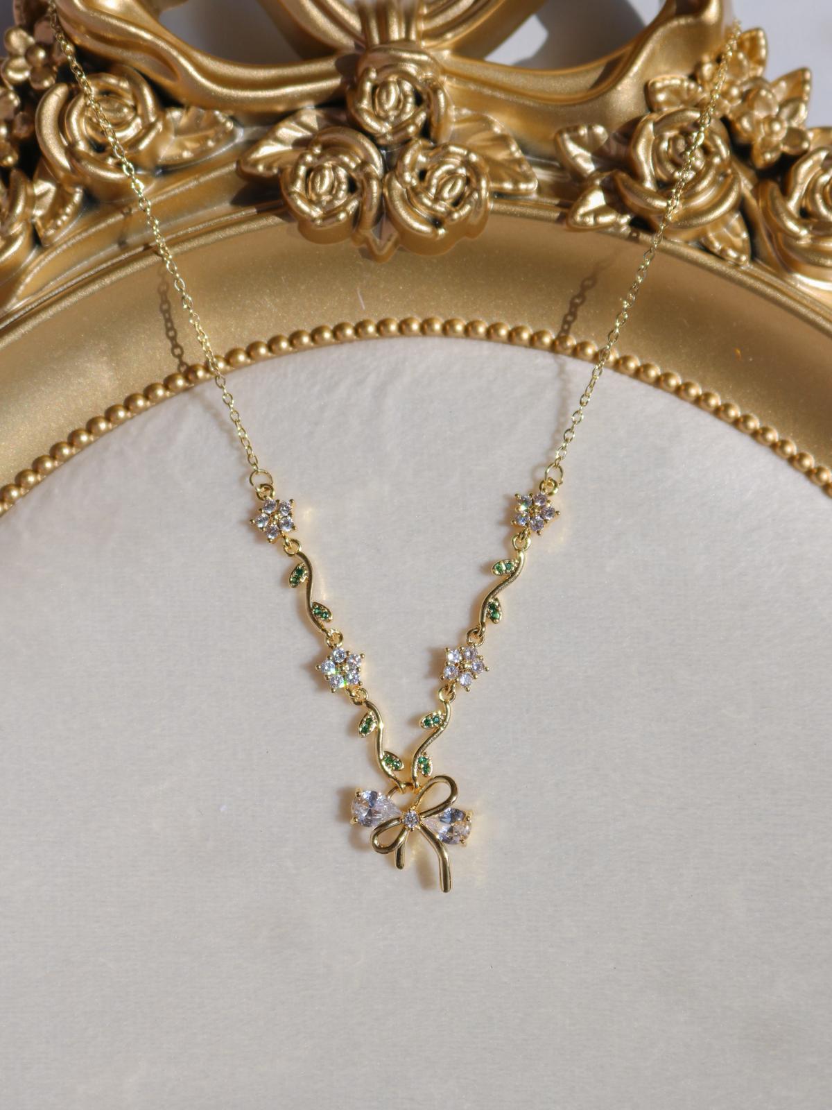 White Green Ribbon Garden Necklace