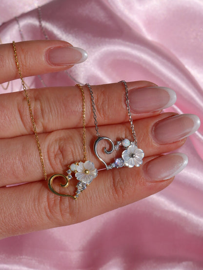 Sedef Çiçek Kalp Kolye, Anneler Günü Çiçek Kolye, 925 Ayar Gümüş, Büyük Çiçek Kolye Kolye 