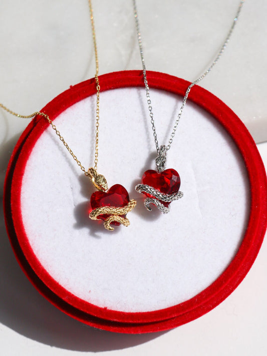 Dangerous Heart Necklace, Red Heart Snake Necklace, 925 Sterling Silver, Gold or Silver Plated, Snake Necklace