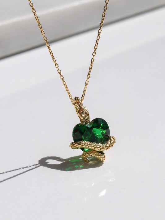 Medusa Snake Heart Necklace, 925 Sterling Silver, Gold or Silver Plated, Snake Necklace, Green Heart Necklace