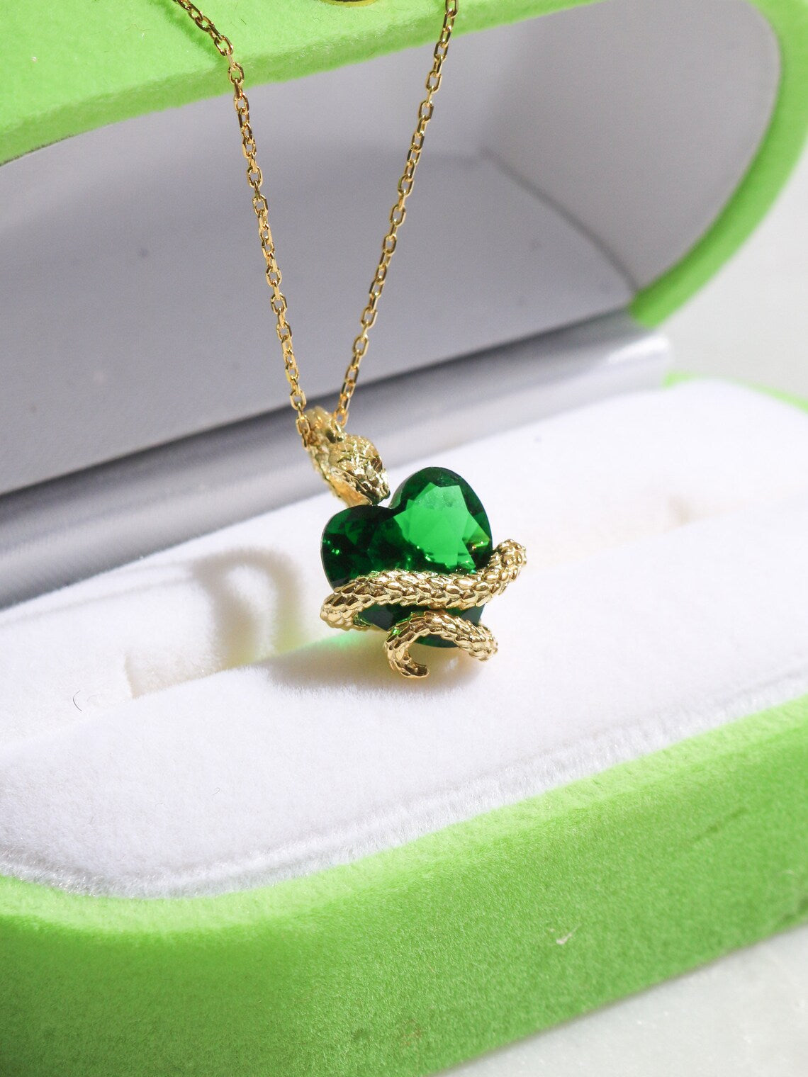 Medusa Snake Heart Necklace, 925 Sterling Silver, Gold or Silver Plated, Snake Necklace, Green Heart Necklace