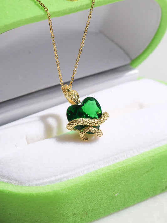 Medusa Snake Heart Necklace, 925 Sterling Silver, Gold or Silver Plated, Snake Necklace, Green Heart Necklace