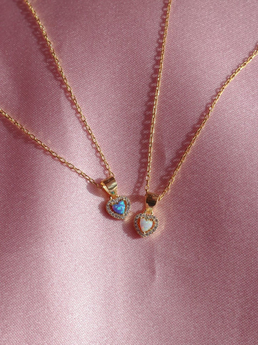 Minimal Opal Stone Heart Necklace, 925 Sterling Silver