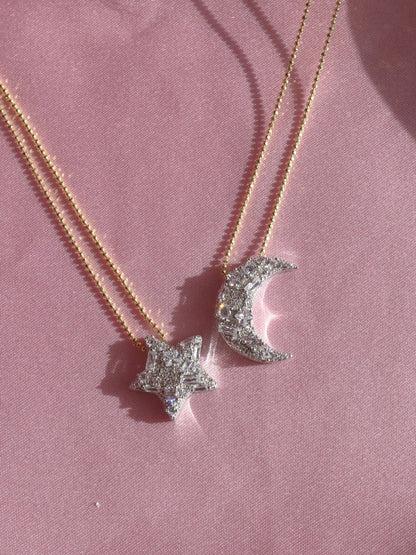 Baguette Star-Moon Necklace, 925 Sterling Silver