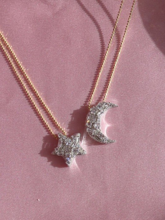 Baguette Star-Moon Necklace, 925 Sterling Silver