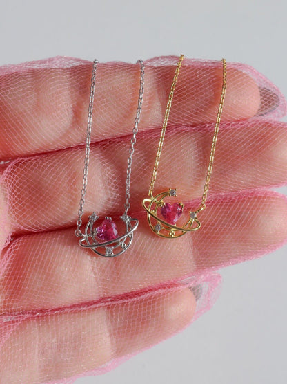 Pink Heart Moon Necklace, 925 Sterling Silver