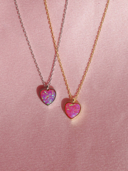 Opal Pink Heart Necklace, 925 Sterling Silver