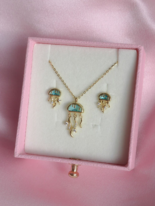 Jellyfish Necklace Earrings Set, 925 Sterling Silver