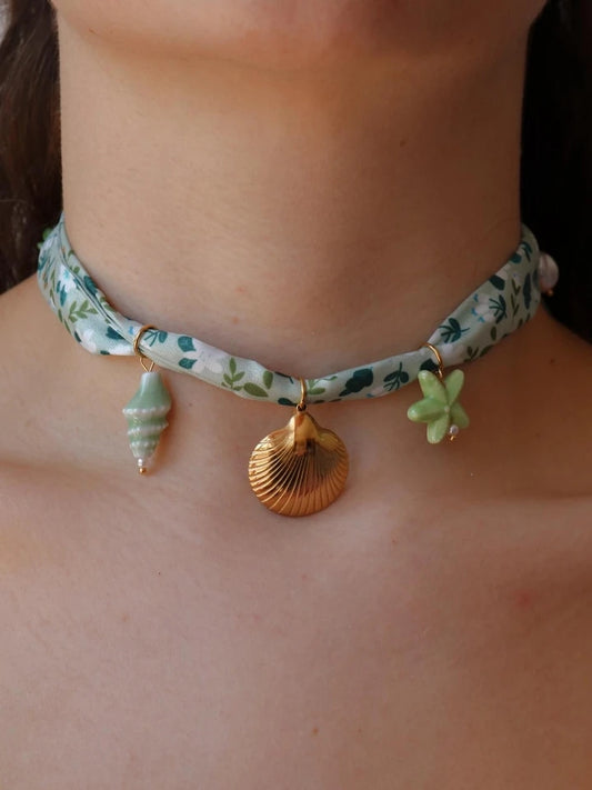 Green Mussel Scarf Steel Charm Necklace