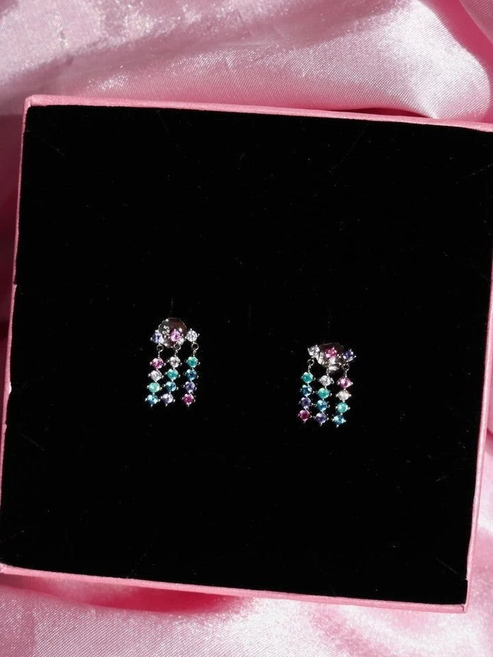Three Row Stone Stud Earrings 925 Silver Pair