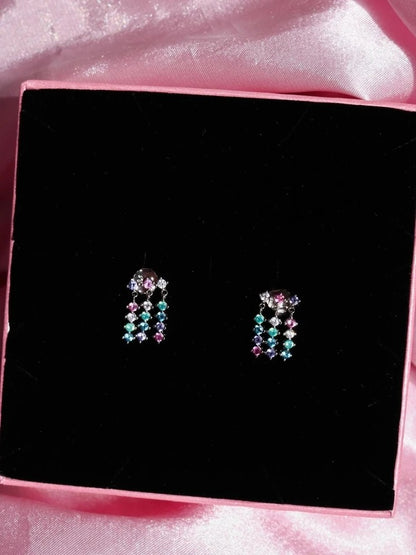 Three Row Stone Stud Earrings 925 Silver Pair