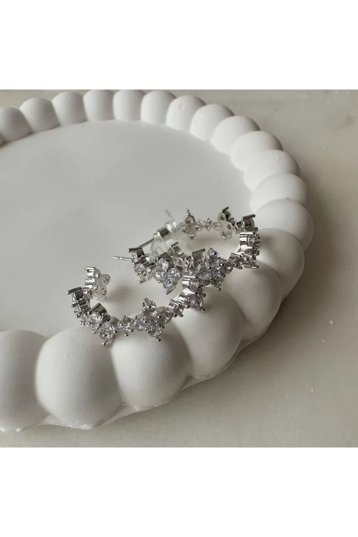 V Flower Shaped Zircon Stone Hoop Earrings