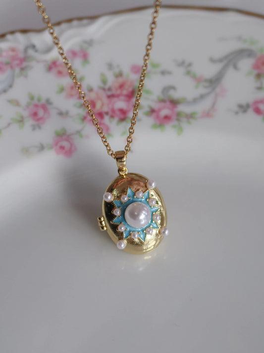Azure Pearl Personalized Photo Locket Necklace