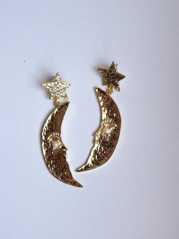 Pearl Of Moon And Star Earrings