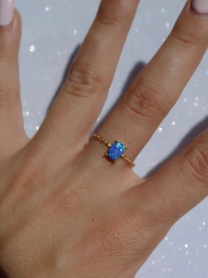 Oval Chain Ring Blue Opal 925 Sterling Silver