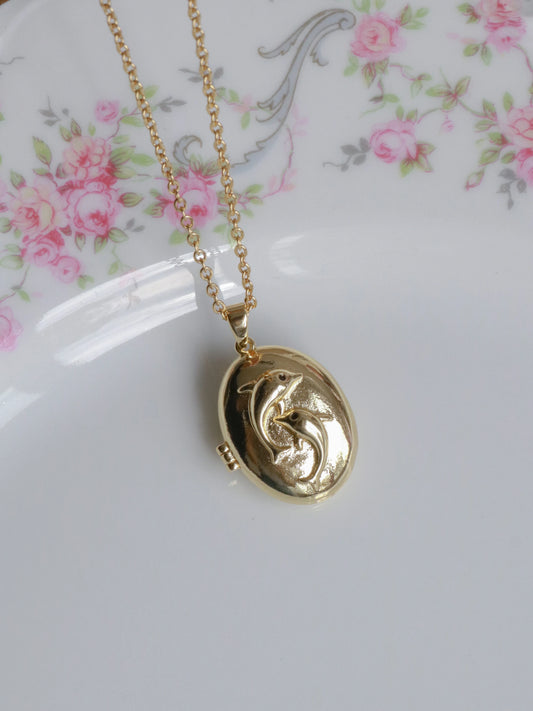 Golden Dolphin Spirit Personalized Photo Locket Necklace