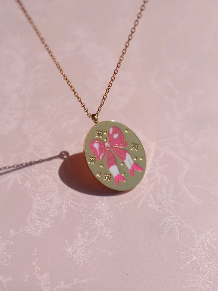 Vintage Pink Bow Steel Necklace