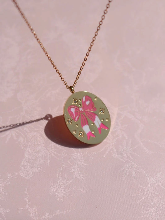 Vintage Pink Bow Steel Necklace